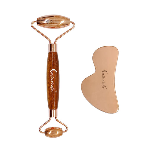 Copper Face Roller Natural Handmade (Wooden Handle With Copper B Shape Gua Sha)