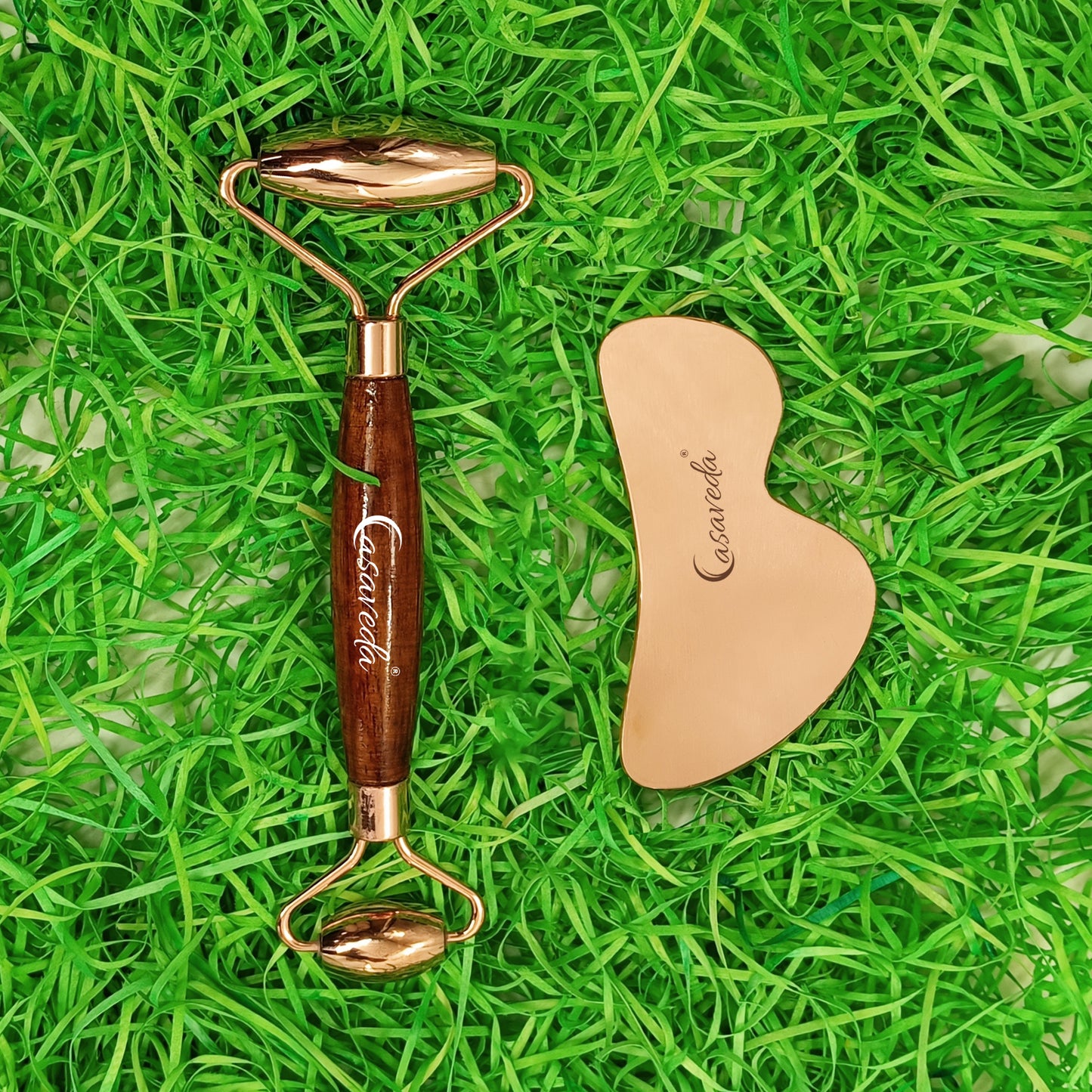 Copper Face Roller Natural Handmade (Wooden Handle With Copper B Shape Gua Sha)