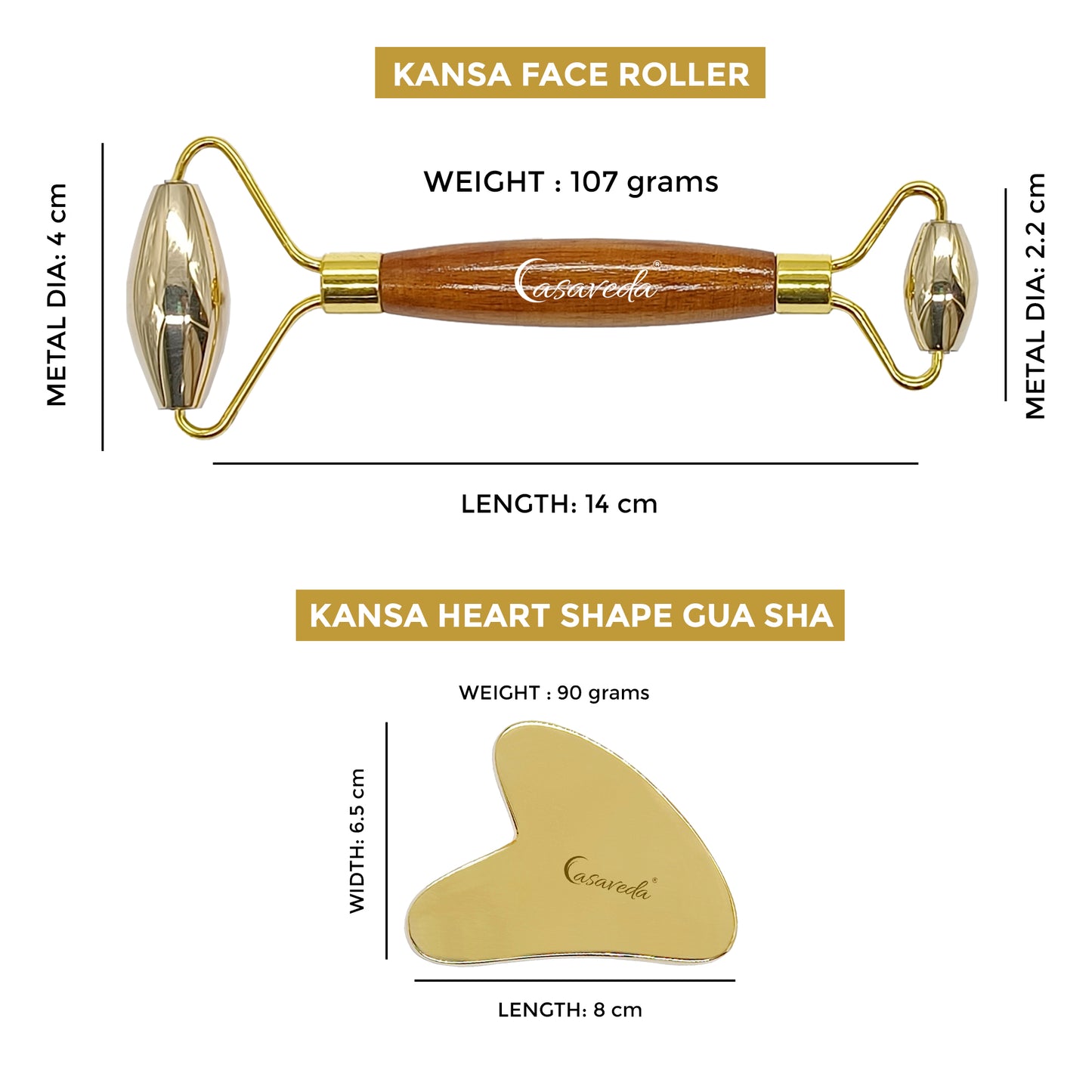 Kansa, Bronze Face Roller Natural Handmade (Wooden Handle With Kansa Heart Shape Gua Sha)