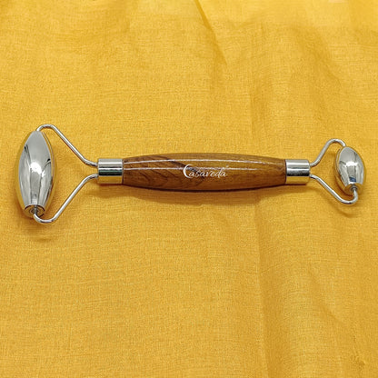 Stainless Steel Dual Side Face Roller for Face Therapy Facial Skin Care With Wooden Handle