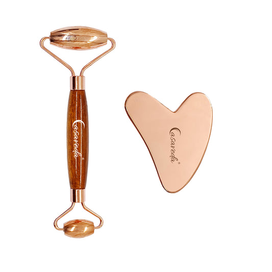 Copper Face Roller Natural Handmade Wooden Handle With Copper Heart Shape Gua Sha