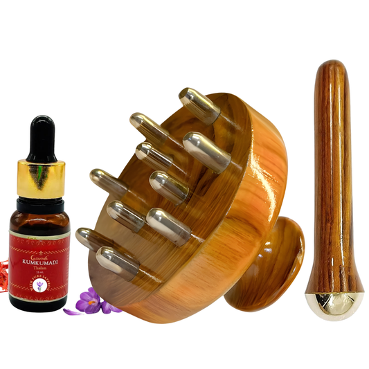 Casaveda® Ayurvedic Glow & Relaxation Set – Kansa Scalp Massager, Eye Wand & Kumkumadi Oil 15ml | Stress Relief, Hair Growth & Radiant Skin