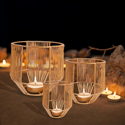 Gold Leaf Metal Tealight Candle Holders | Decorative Lantern for Diwali, Christmas, Table, Wedding & Home Decor, Set of 3