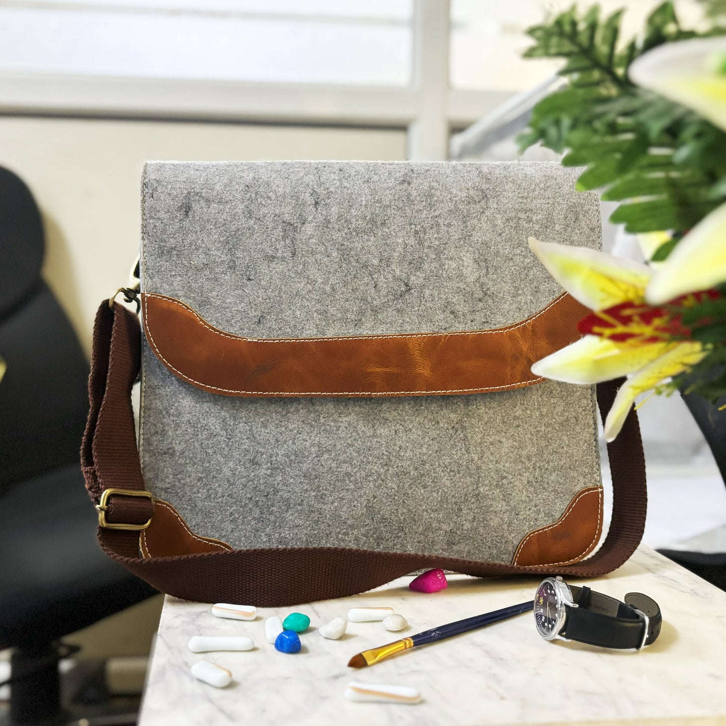 Felt With Leather Slim Vintage Messenger Office Bag for Men And Women