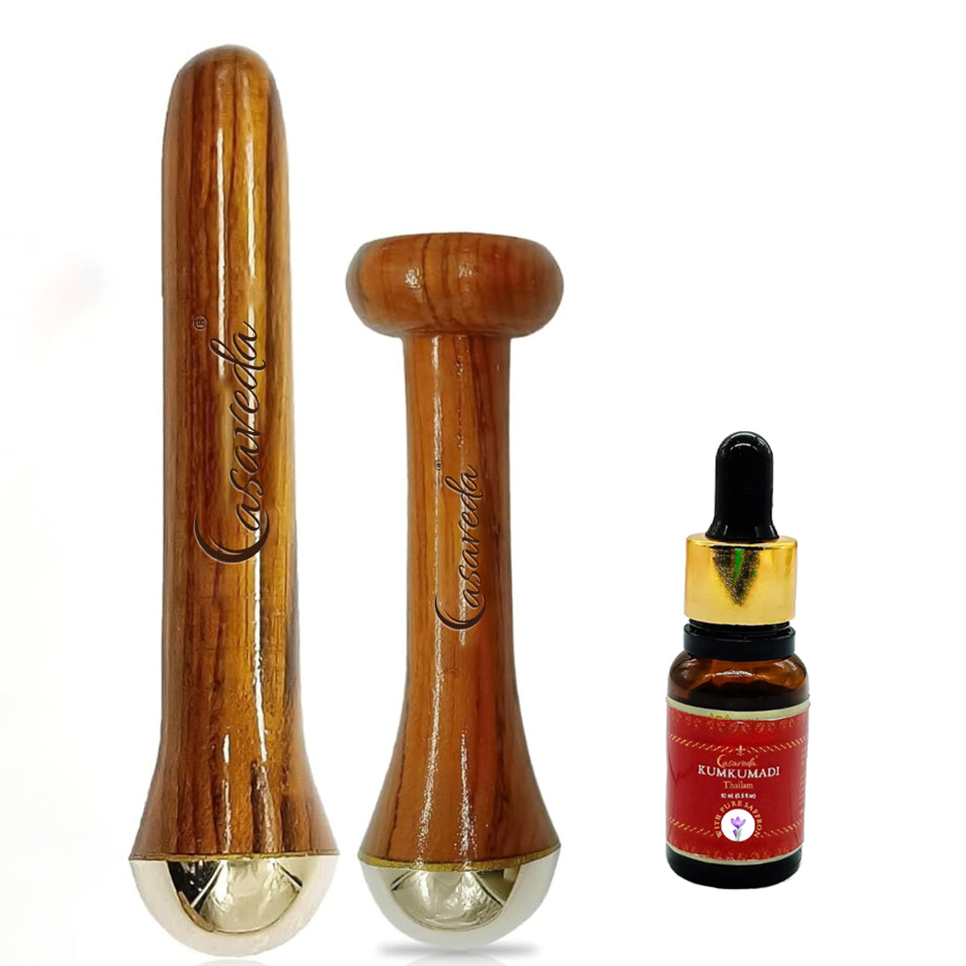 Casaveda® Ayurvedic Mini Kansa Wand Set With Kumkumadi Oil | Compact Face Tools With Wooden Handle For Glowing Skin,