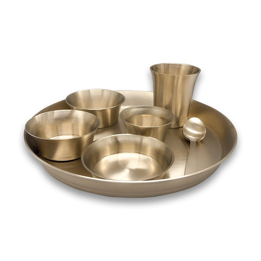 Casaveda® 7-Piece Kansa Solid Dinner Set | 1 Plate (12" Thali), 3 Bowls, 1 Glass, 1 Sweet Dish Plate, 1 Spoon - Bronze Dinner Set, Pari Design