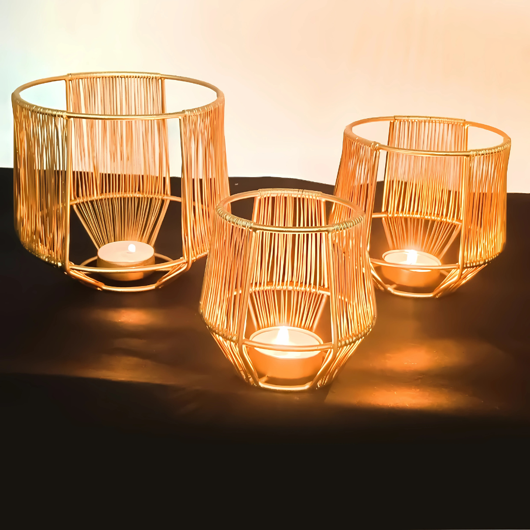 Gold Leaf Metal Tealight Candle Holders | Decorative Lantern for Diwali, Christmas, Table, Wedding & Home Decor, Set of 3