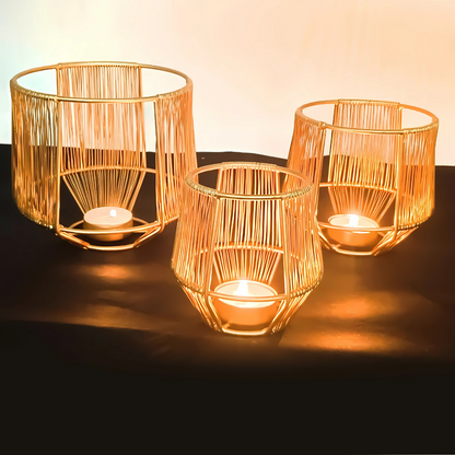 Gold Leaf Metal Tealight Candle Holders | Decorative Lantern for Diwali, Christmas, Table, Wedding & Home Decor, Set of 3
