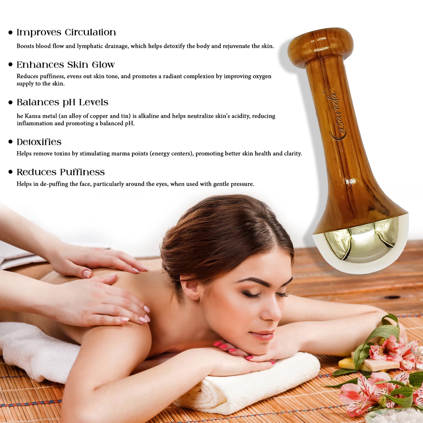 Casaveda® Luxury Dual Kansa Wand Set | Ayurvedic Face, Foot & Body Massager with Teak Wood Handle for Detox, Relaxation & Radiant Skin