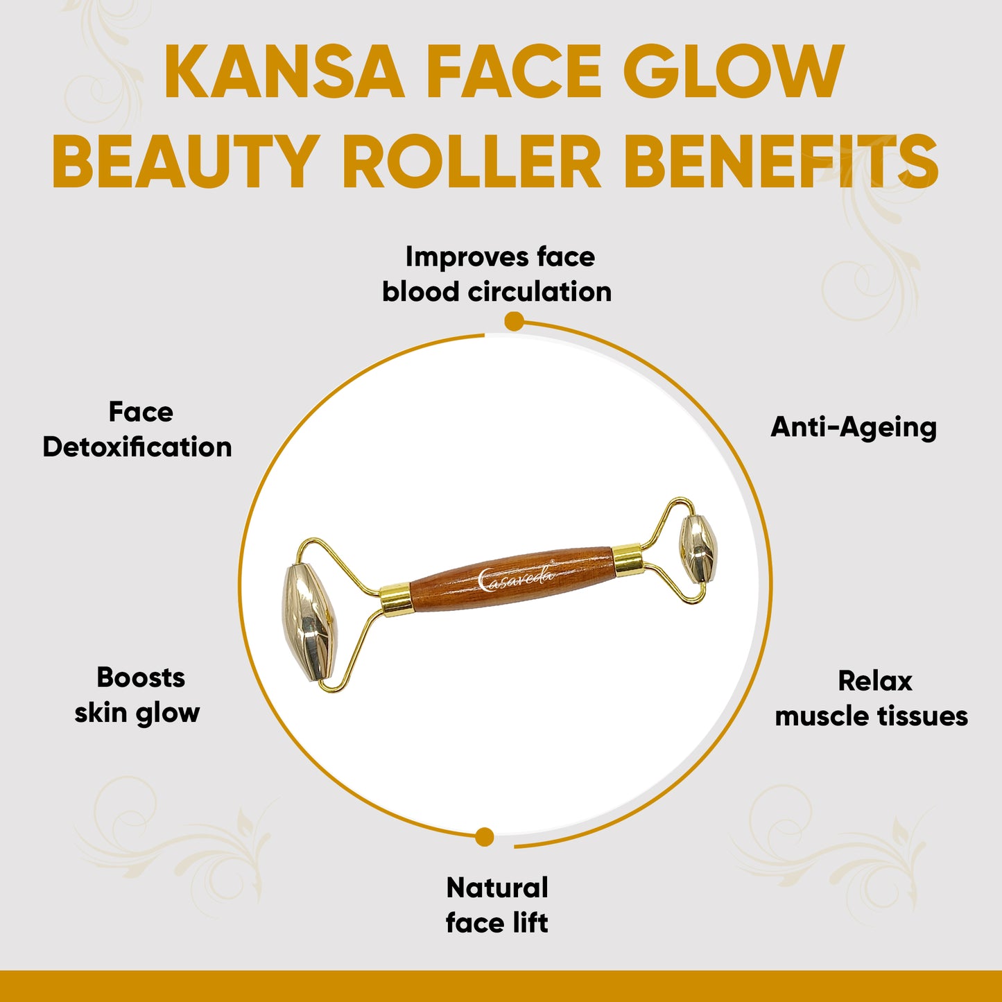 Kansa, Bronze Face Roller Natural Handmade (Wooden Handle With Kansa B Shape Gua Sha)