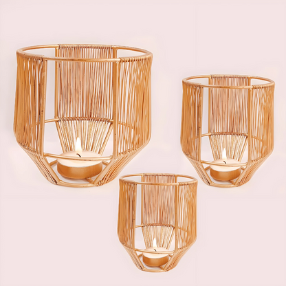 Gold Leaf Metal Tealight Candle Holders | Decorative Lantern for Diwali, Christmas, Table, Wedding & Home Decor, Set of 3