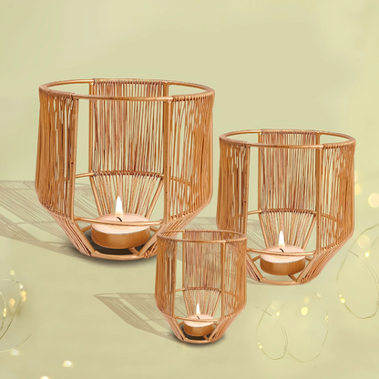 Gold Leaf Metal Tealight Candle Holders | Decorative Lantern for Diwali, Christmas, Table, Wedding & Home Decor, Set of 3