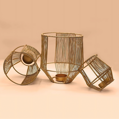 Gold Leaf Metal Tealight Candle Holders | Decorative Lantern for Diwali, Christmas, Table, Wedding & Home Decor, Set of 3