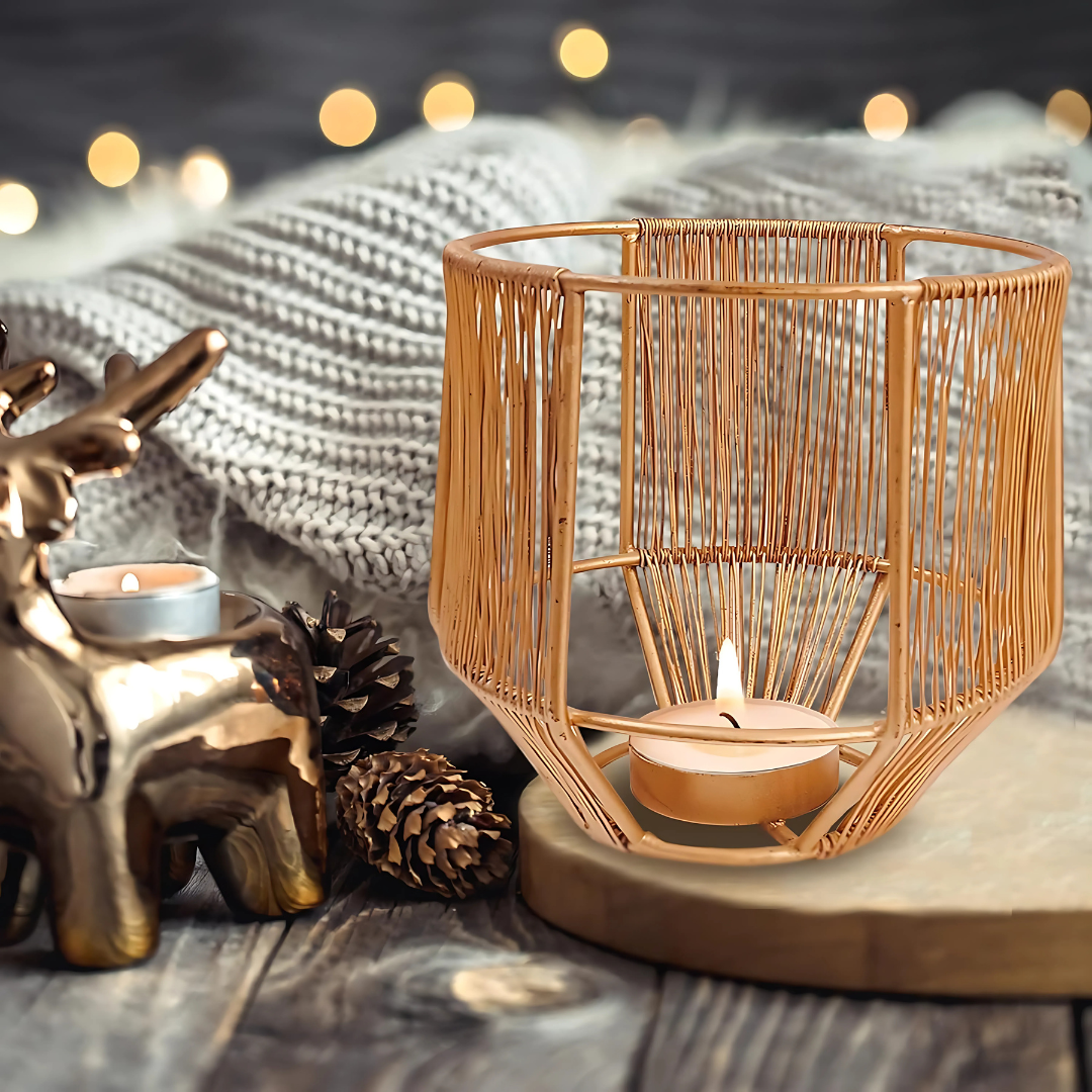 Gold Leaf Metal Tealight Candle Holders | Decorative Lantern for Diwali, Christmas, Table, Wedding & Home Decor, Set of 3